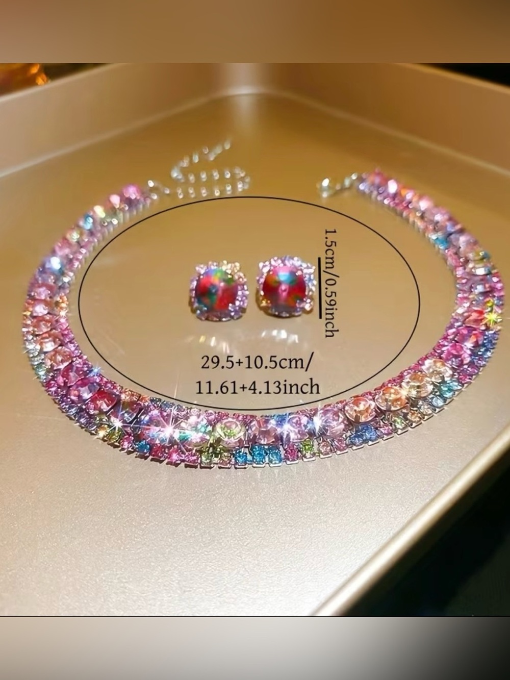 Pink Crystal Tennis Necklace and Stud Earrings Set - Picture 3 of 3